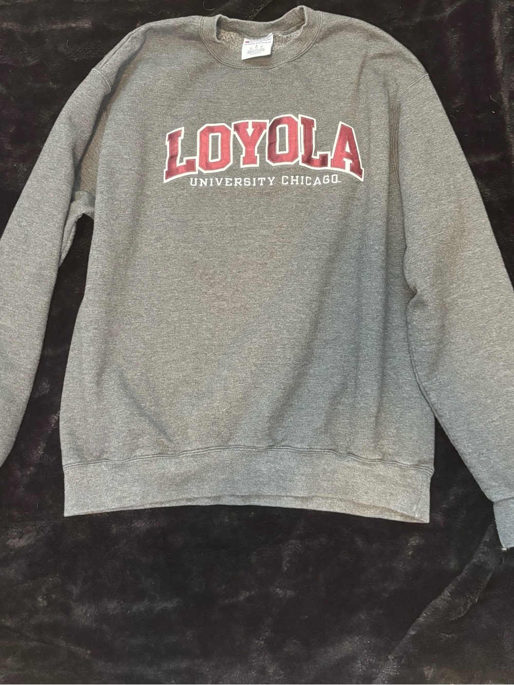 Champion Gray Crewneck with Maroon Loyola Lettering